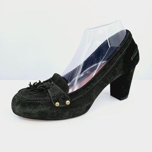 Nara Shoes Tasseled Penny Loafer Pumps 8.5 Dark Green Block Heel Leather Preppy
